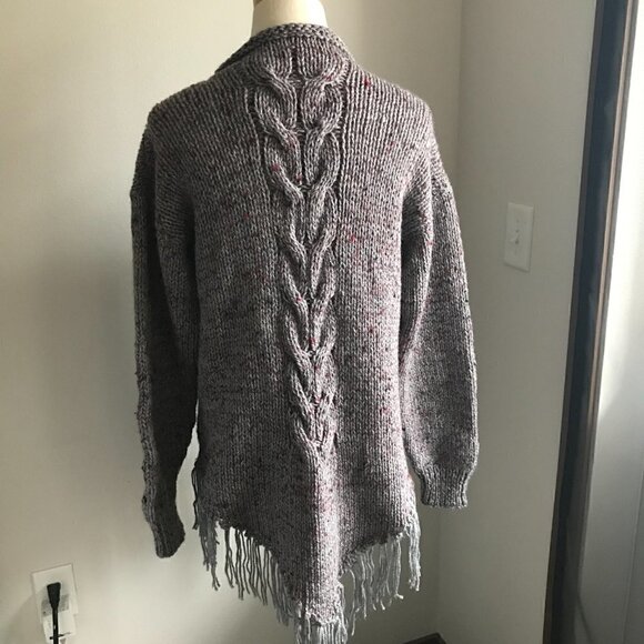Handknit Gray and Maroon Wool Cable Knit Long Line Fringe Sweater Size M - Picture 3 of 6